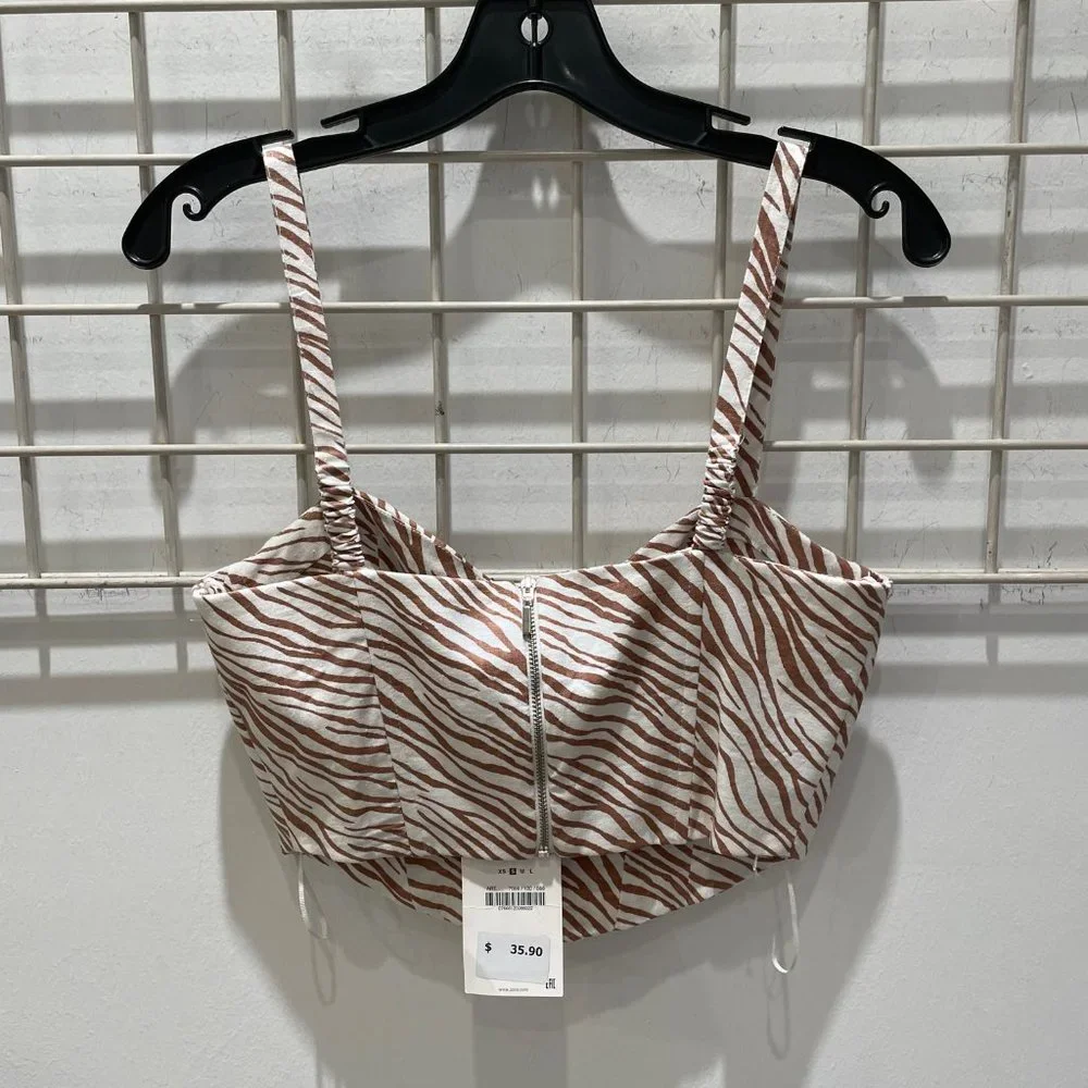 NWT Zara White Brown Zebra Print Linen Blend Structured Crop Top Small - Picture 2 of 4